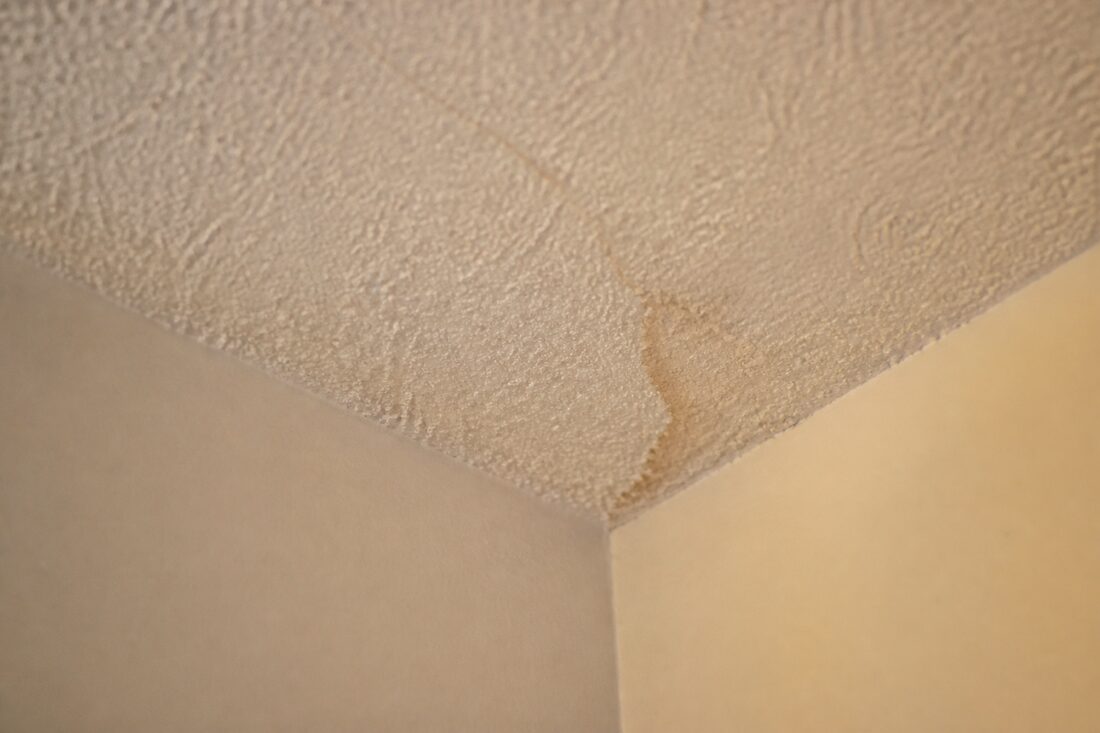 Close-up of an aged white popcorn stipple ceiling texture where it meets the wall in an older British Columbia home, with a faint brown water stain spreading near the corner